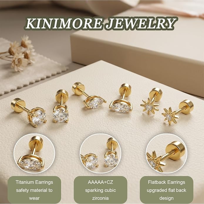 3 Pairs 20G Flat Back Earrings, G23 Titanium Hypoallergenic CZ Studs, 14K Gold Cartilage Helix Tragus Conch Piercing Jewelry for Women