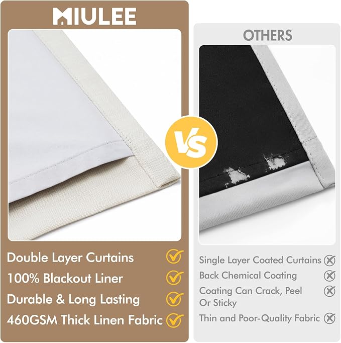 MIULEE Pinch Pleated 100% Blackout Curtains 40"x84" Long Birch 4 Panels Set | Thick Linen, Memory Trained Pleat, Back Tab Double Layer Drapes, Thermal Insulated, Curtain for Bedroom Living Room Darkening