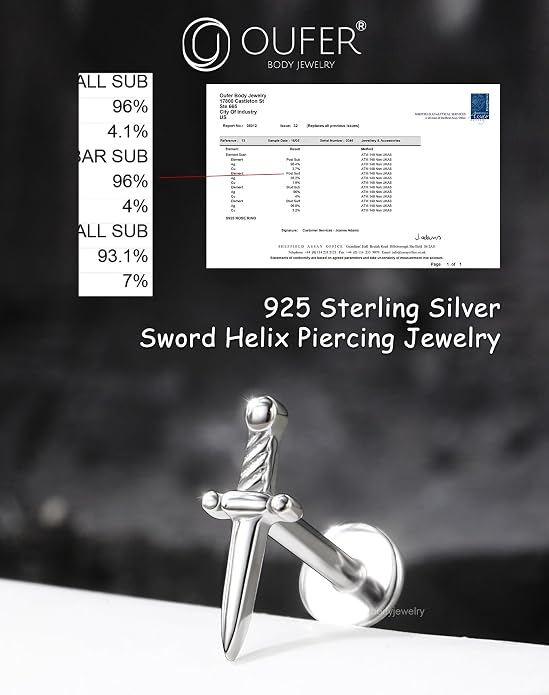 OUFER 925 Sterling Silver Helix Piercing Jewelry, Sword Cartilage Earrings Studs, 16G Flat Back Earrings for Women, Internally Threaded for Helix Conch Tragus Lip Piercing Jewelry