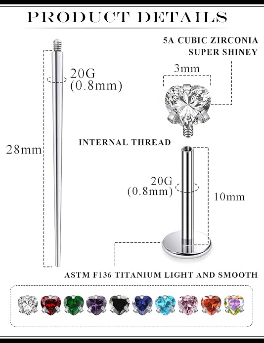 20G 18G 16G Astm F136 Titanium Internal Thread Flat Back Earrings Nose Studs Tragus Helix Conch Cartilage Lobe Earrings Medusa Labret Snake Bite Monroe Lip Ring Piercing Jewelry For Women Men