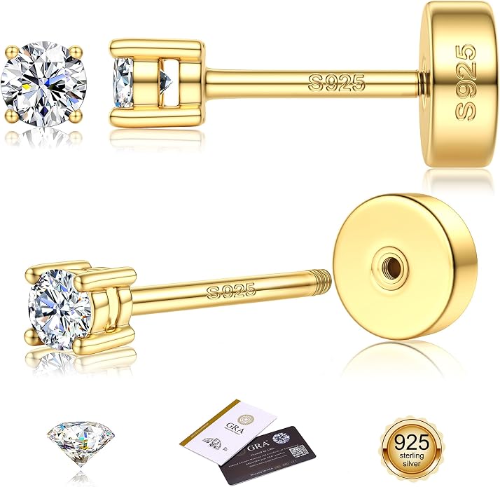 Moissanite Earrings for Men Women：Hypoallergenic Flat Back Earrings 925 Sterling Silver Stud Earring Small D Color VVS1 Moissanite 14K White Gold Plated Helix Cartilage Earring Studs Gift Jewelry