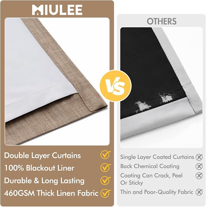 MIULEE Pinch Pleated 100% Blackout Curtains 40"x102" Long Linen 4 Panel Set | Thick Linen, Memory Trained Pleat, Back Tab Double Layer Drapes, Thermal Insulated, Curtain for Bedroom Living Room Darkening