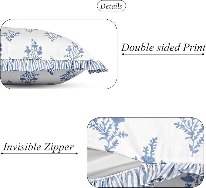 Ridhi Coastal Blue Block Print Ruffle Throw Pillow Cover 20" x 20" (Pack of 2) Decorative Cushion Covers with Ruffle for Couch, Sofa, Bed, Living Room, Home Decor Gift for Spring, Mother's Day