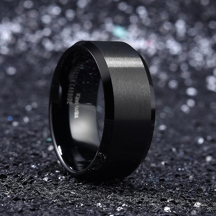 King Will Tungsten Men's Wedding Ring - Available in 6mm to 10mm, Black/Silver, Matte Finish, Beveled Polished Edge, Comfort Fit