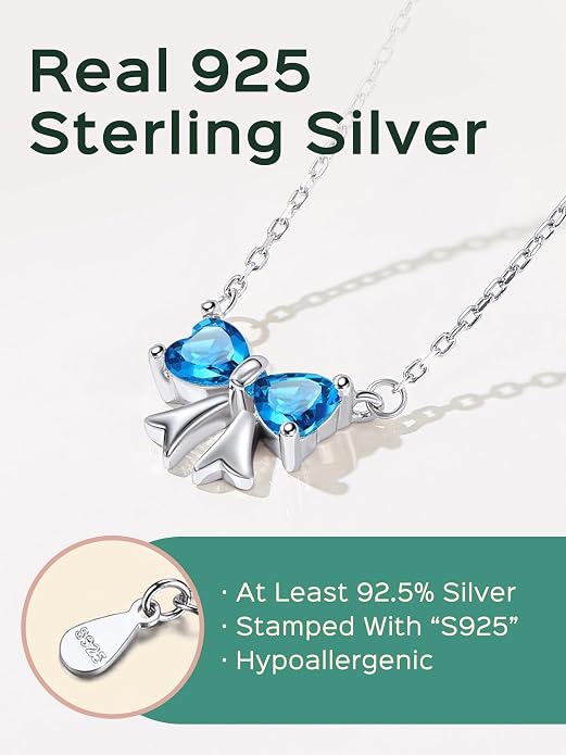 ChicSilver Bow and Cat Birthstone Necklace, 925 Sterling Silver Pendant Necklaces for Women, Hypoallergenic Silver Choker with 16 inch Rolo Chain, 12 Months Jewelry for Valentines Mothers Day Christmas