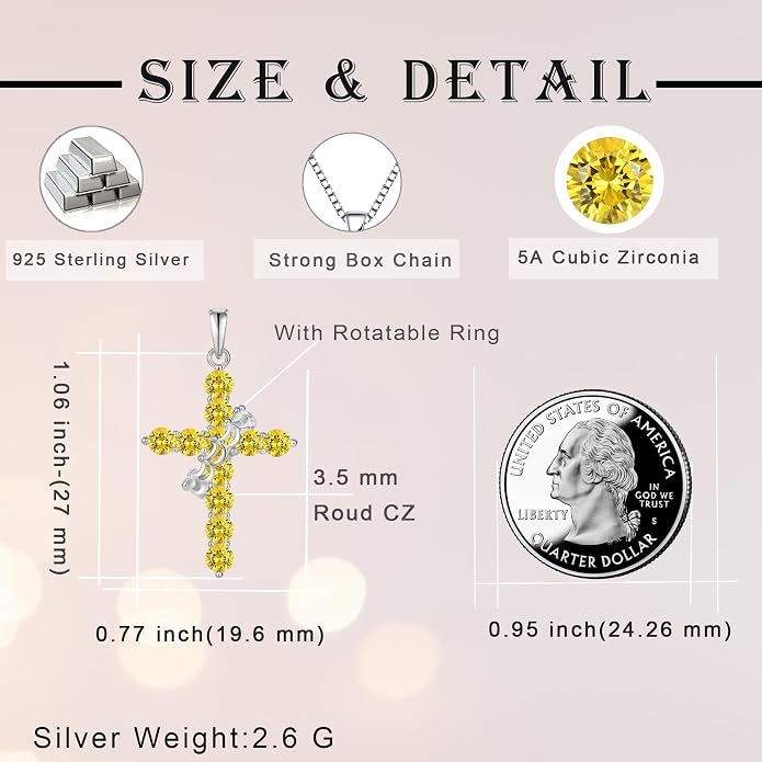 Rotated Crown Cross Necklaces for Women, 925 Sterling Silver Round Cut Zircon Neckalce Pendant With Ring Birthstones Jewelry for Her