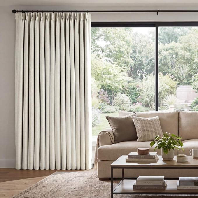 Pinch Pleated Curtains 100% Blackout Linen Curtains 112 Inches Long for Bedroom Living Room, Natural Memory Trained Thermal Insulated Room Darkening Window Pleat Drapes with Hooks 1 Panel 60"Wx112"L