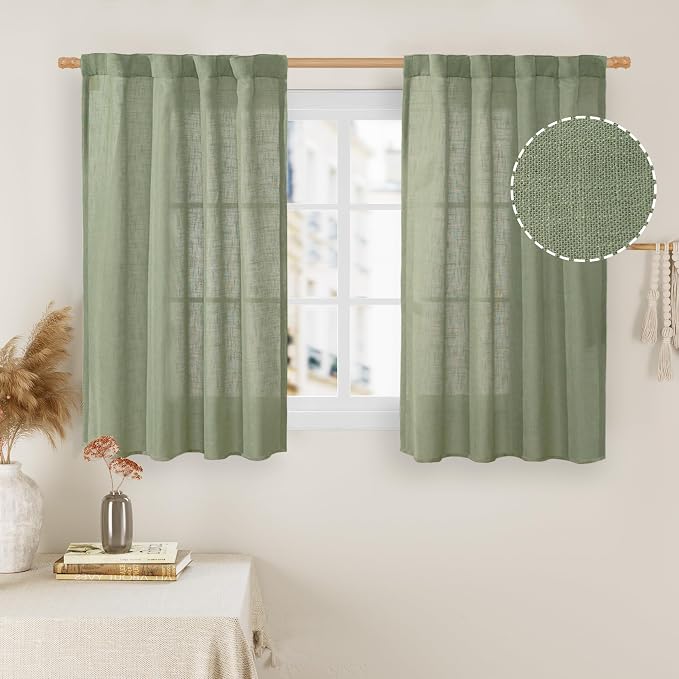 LAMIT Small Window Linen Curtains 45 Inches Long, Semi Sheer Light Filtering Panels Back Tab and Rod Pocket Drapes for Basement/Window/Kitchen, Sage Green, 2 Panels, 34 x 45 Inch