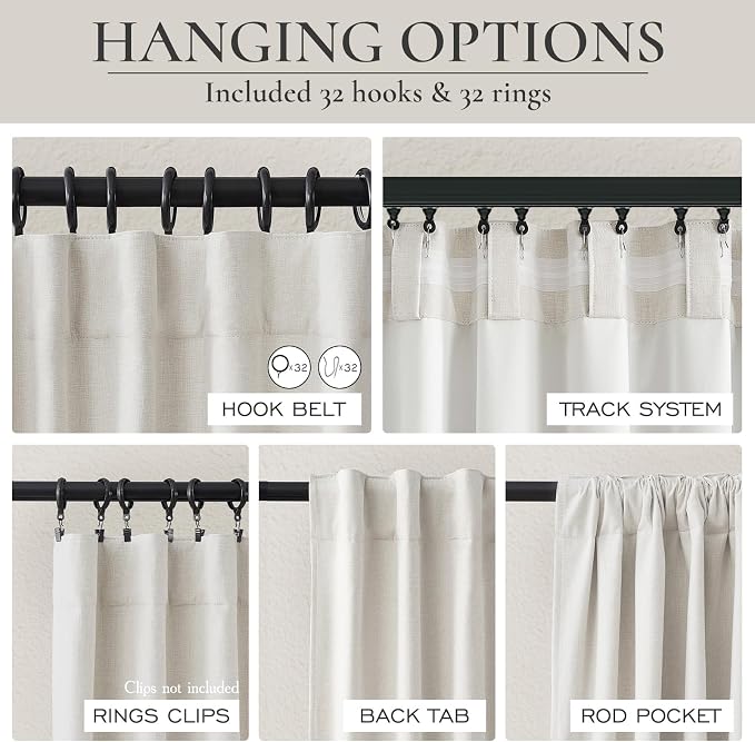 QJmydeco Birch Lush Decor Curtains for 104-106 Inch Windows 2 Panel Sets, 104 Inch Tall Curtain for Bedroom Black Out, Linen Drapes Back Tab Rod Pocket Custom Length (W50 x L104)