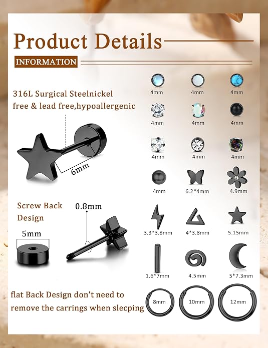 LOLIAS 21Pairs Surgical Steel Flat Back Earrings Hypoallergenic 20G Screw Back Nap Stack Cartilage Earring Stacks