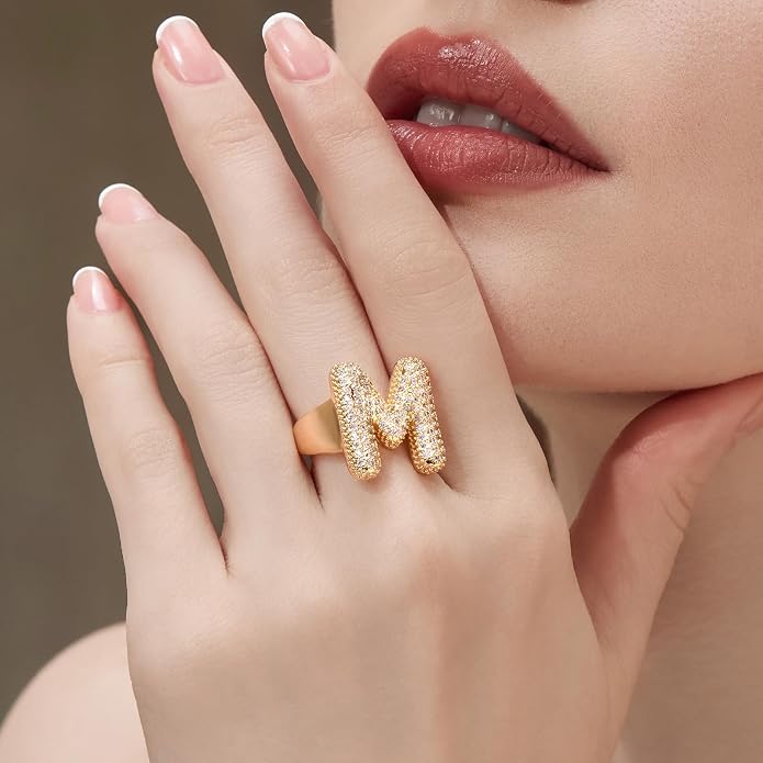 Cicy Bell Initial Rings for Women 14k Gold Plated Cubic Zirconia Delicate Letter Chunky Statement Open Rings Gifts for Her