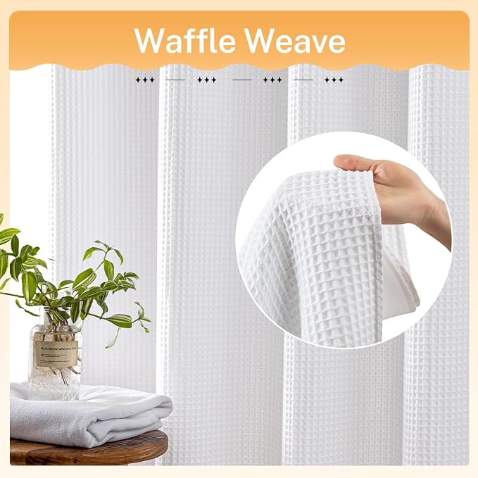 River Dream White Cotton Blend Fabric Shower Curtain Set with Liner, 71x74 | Waffle Weave, No Hook Needed, with Snap in Replacement Liner, Top Sheer Window, Hotel Quality Fabric for Bathroom