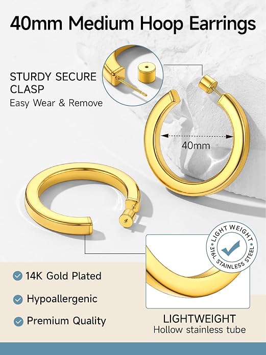 Stainless Steel Chunky Hoop Earrings For Women, Minimalist and Chic, Black/Gold Plated, Round Hoops Earrings Hypoallergenic, Size: 30mm/40mm/60mm/80mm, Come with Box