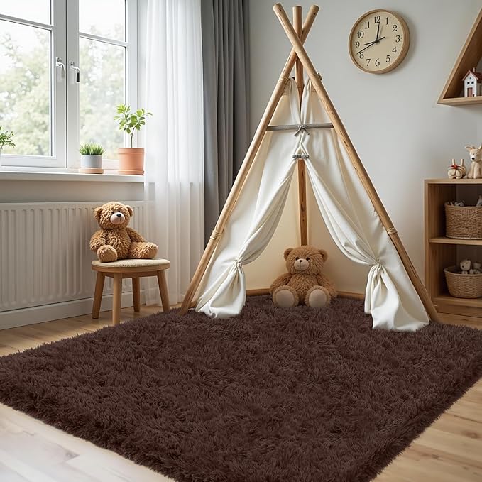 4x6 Area Rug for Living Room, Ultra Soft Fluffy Shag Rugs for Bedroom, Non-Slip Large Fuzzy Plush Rug Indoor Floor Carpet for Nursery Kids Office Dorm Modern Decor, Brown