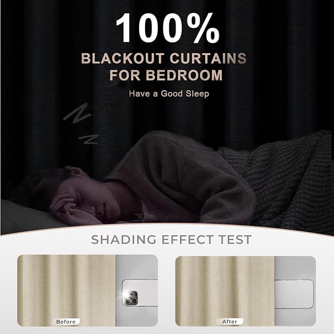 INOVADAY 100% Blackout Curtains 96 Inches Length 2 Panels Set, Back Tab/Rod Pocket Linen Black Out Curtains for Bedroom, Thermal Insulated Window Drapes - Natural Flax, W50 X L96