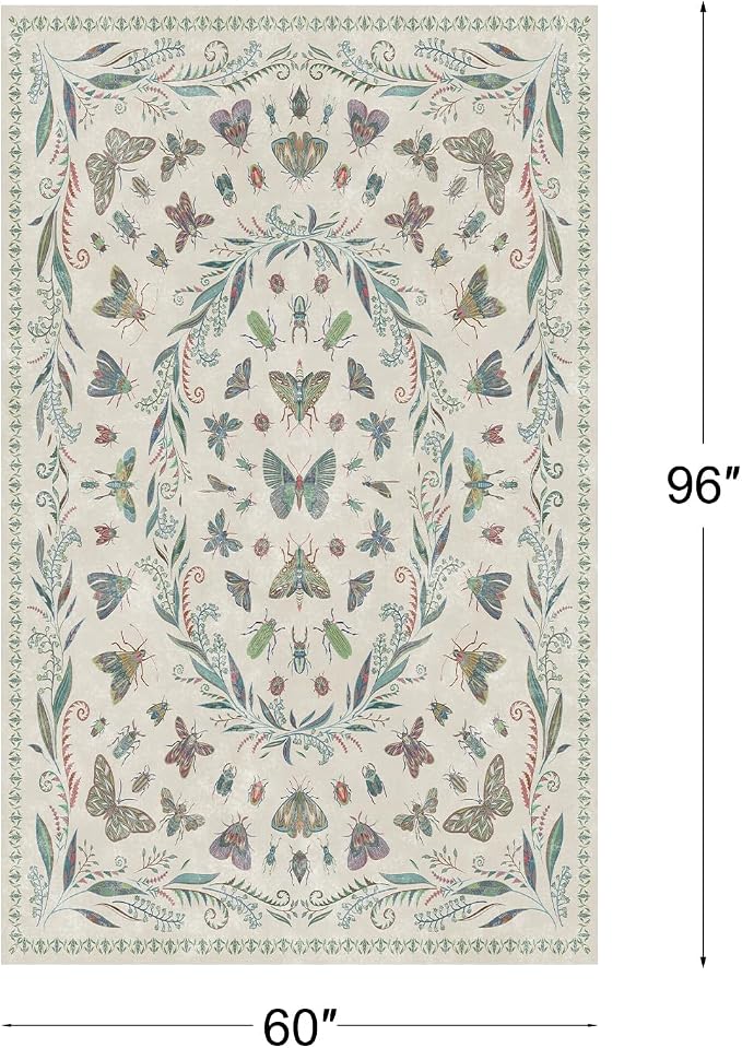 5x8 Beige and Green Nursery Rug - Colorful Rug for Playroom, Bedroom, Living Room, Insect Butterfly Floral Non-Slip Soft Carpet