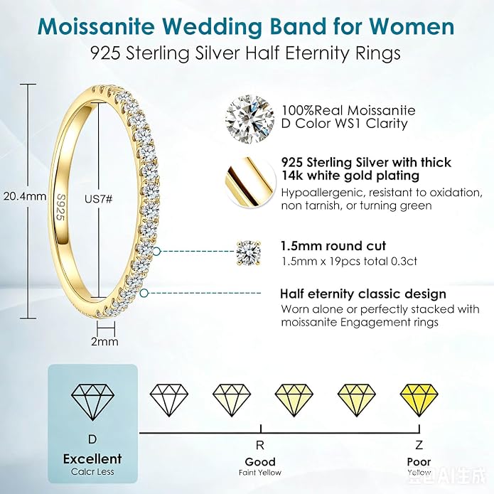WES 1.5/1.8/2.0mm Moissanite Wedding Band - 925 Sterling Silver Half Eternity Round Stackable Moissanite Engagement Rings Anniversary Wedding Rings for Women, Size 4-11