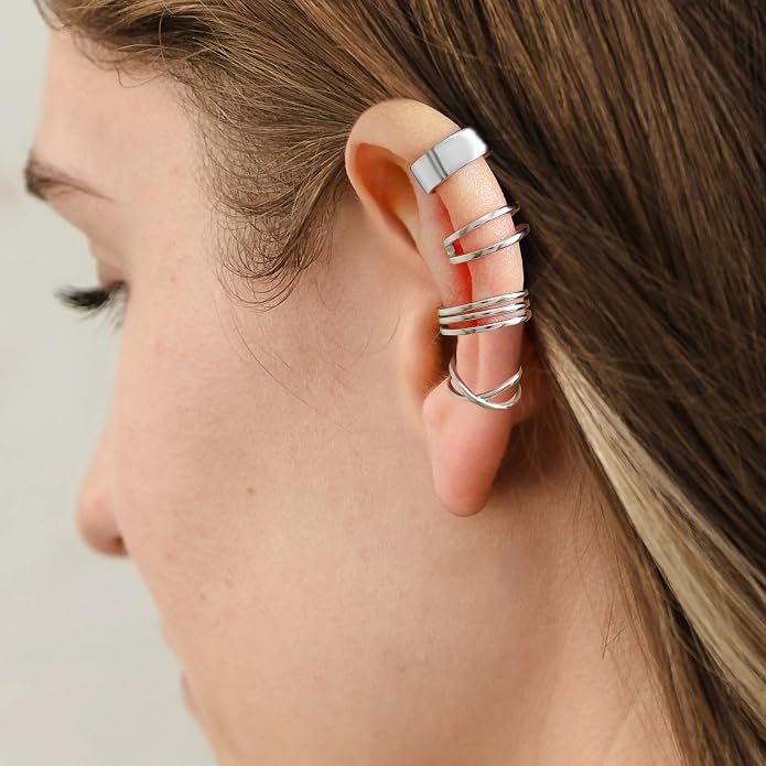 CHIC & ARTSY Sterling Silver Ear Cuff Set - Hypoallergenic, Simple, Adjustable No Piercing Clip on Earrings
