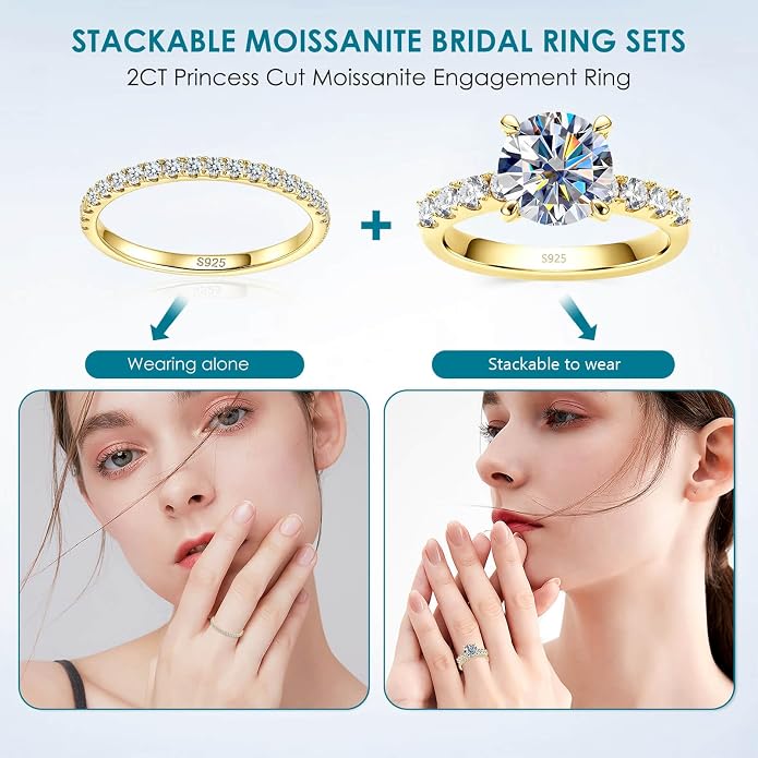 WES 1.5/1.8/2.0mm Moissanite Wedding Band - 925 Sterling Silver Half Eternity Round Stackable Moissanite Engagement Rings Anniversary Wedding Rings for Women, Size 4-11