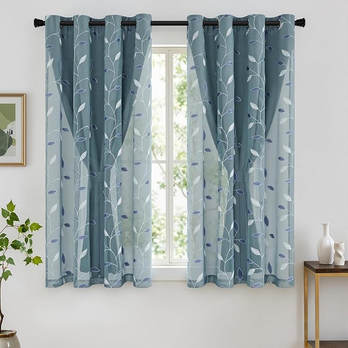 MIULEE Dusty Blue Double Layer Curtains 63 Inches Long, Leaf Patterned Sheer Floral Drapes and Blackout Room Darkening Window Curtains for Living Room Bedroom, Grommets Top, 52" W x 63" L, 2 Panels