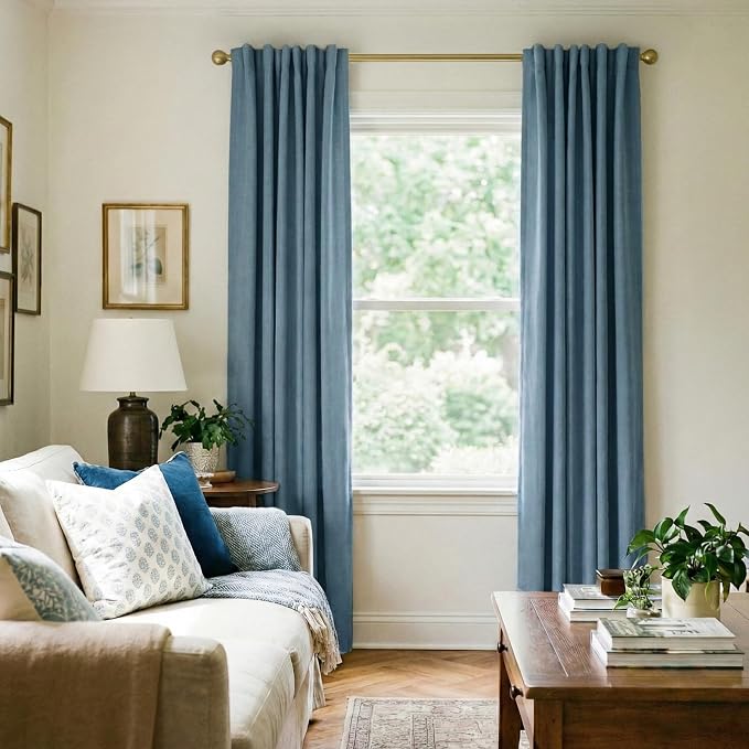 INOVADAY 100% Blackout Curtains 90 Inches Length 2 Panels Set, Back Tab/Rod Pocket Linen Black Out Curtains for Bedroom, Thermal Insulated Window Drapes - Slate Blue, W50 X L90