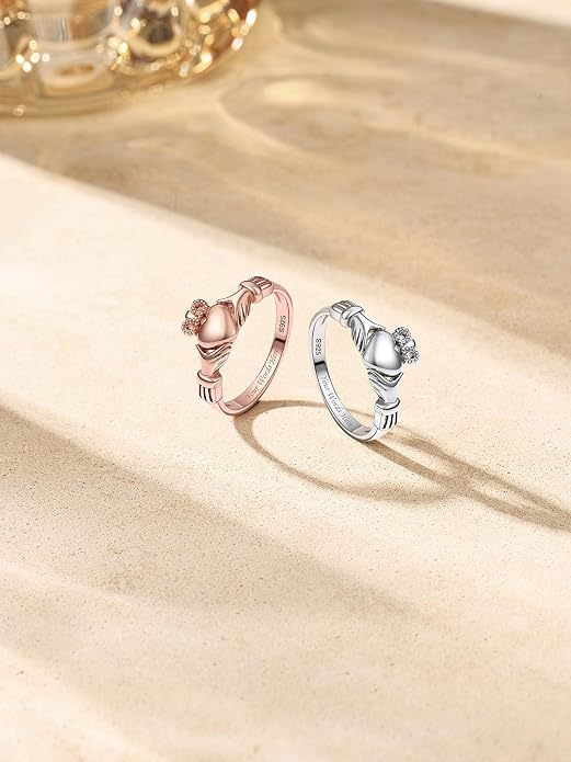 Bestyle 925 Sterling Silver Ring for Women, Minimalist Claddagh Ring Celtic Knot Ring for Women, Irish Promise Wedding Band, Gold/Rose Gold Vermeil Women Band Ring, Stackable, Gift for Her