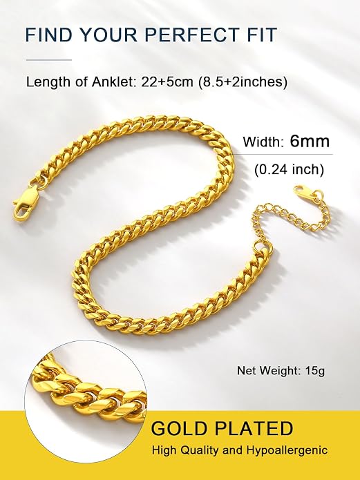 ChainsPro Resizable Anklet Chain for Women Men, Figaro/Wheat/Twist Rope/Cuban Foot Bracelet-Strong with Good Clasp-18K Gold Plated(Send Gift Box)