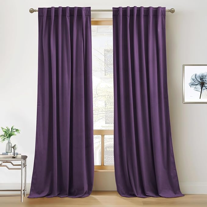 RYB HOME Purple Velvet Curtains for Bedroom Living Room, Thermal Insulated Privacy UV Heat Blocking Luxurious Soft Rod Pocket Back Tab Drapes for Nursery, 52" W x 72" L, 2 Panels
