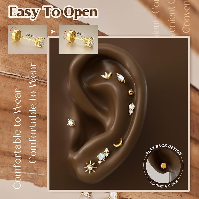 YADOCA 3 Pairs Hypoallergenic Sterling Silver Earrings 16Pcs Surgical Steel Gold Nose Rings Studs For Women