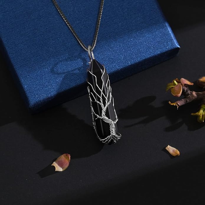 VIBILIA Healing Crystal Necklace Tree of Life Wire Wrapped Natural Stone Point Pendant Necklace Hexagonal Reiki Spiritual Quartz Gemstone Jewelry for Women Men