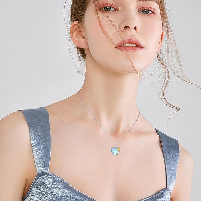 Sea Turtle/Seaweed Necklace for Women 925 Sterling Silver Heart of the Ocean Moonstone Pendant Necklace Turtle Moonstone Jewelry Gift for Wife Mom