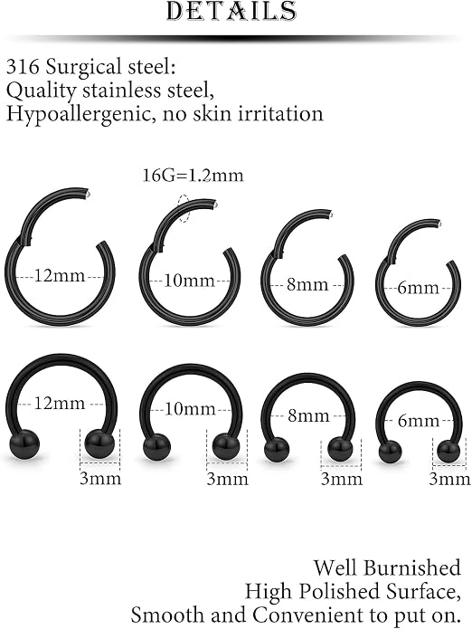 20G 18G 16G 14G 12G 10G Hypoallergenic Nose Rings Hoops for Men Women 316L Surgical Steel Hinged Nose Rings for Nostril Septum Cartilage Helix Daith Tragus Rook Conch Lip Ear Lobe Piercing