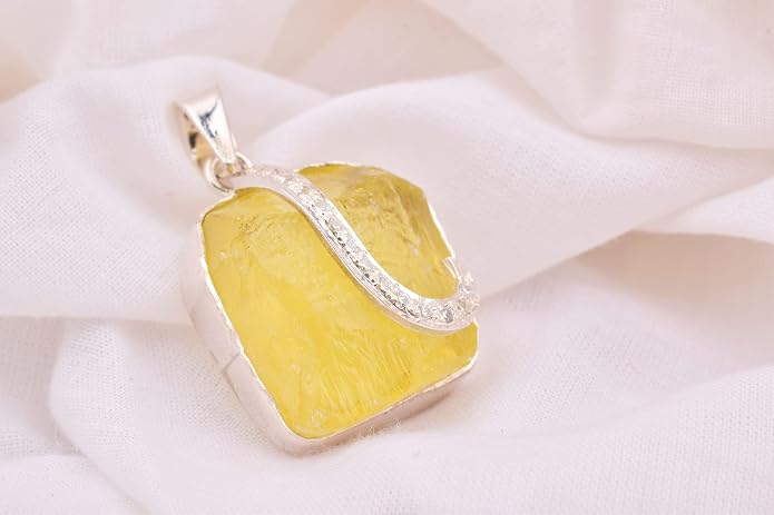 Natural Raw Lemon Quartz Stone Rough Crystal Gemstone Dainty Women Pendant Necklace, Chakra Healing Crystals, Birthstone, Gift, Rhodium Plated 925 Sterling Silver Chain 18 inch