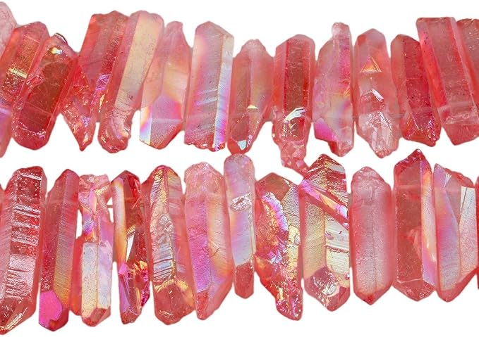 SUNYIK Light Red Crystal Points Titanium Coated Quartz Rough Sticks Spikes Point Beads 15 inch Strand Drilled