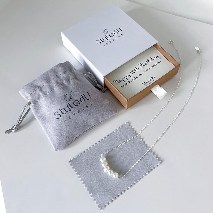 Pearl Birthday Necklace for Women, Sterling Silver Freshwater Pearl Bar Necklace, 30th 40th 50th 60th 70th Milestone Birthday Gift for Her, Meaningful Handmade Jewelry