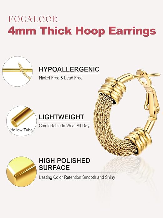 FOCALOOK 14K Gold Plated Hoop Earrings, Lightweight Hypoallergenic Large Stainless Steel Black Hoops Earrings for Women 20/30/40/50/60/70/80mm