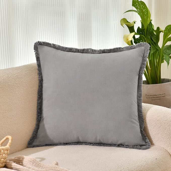 ZWJD Pillow Covers 20x20 Set of 2 Gray Throw Pillow Covers with Fringe Chic Cotton Decorative Pillows Square Cushion Covers for Sofa Couch Bed Living Room Farmhouse Boho Decor