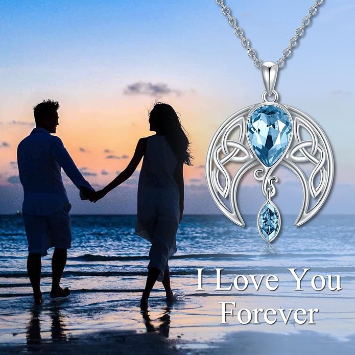 AOBOCO Sterling Silver Celtic Crescent Moon Goddess Pendant Irish Good Luck Necklace with Birthstone Crystal, Celtic Moon Jewelry Gift for Women Mom Wife