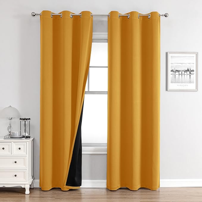 ChrisDowa 100% Blackout Curtains for Bedroom 84 Inches Long 2 Panels Set | 2 Thick Layers Total Light Blocking Thermal Insulated Grommet Window Curtains for Living Room, Mustard Yellow, 42 x 84 Inch