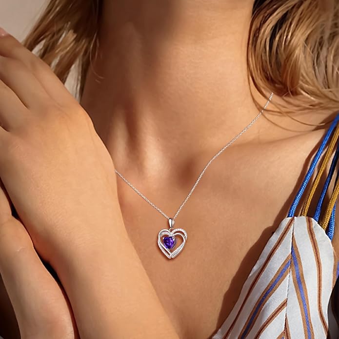 Anniversary Charm Necklace, Sterling Silver 14K Gold Plated Chain with Interlocking Heart Pendant Elegant Birthstone Necklaces for Women, Length 18"