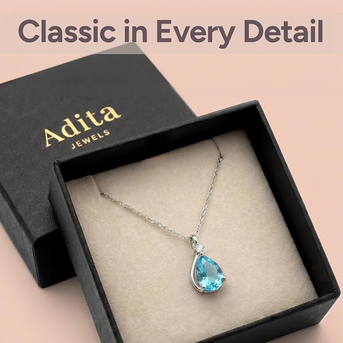 ADITA GOLD Birthstone Necklace for Women, 925 Sterling Silver Teardrop Pendant, Simulated Gemstone, Birthstone Jewelry