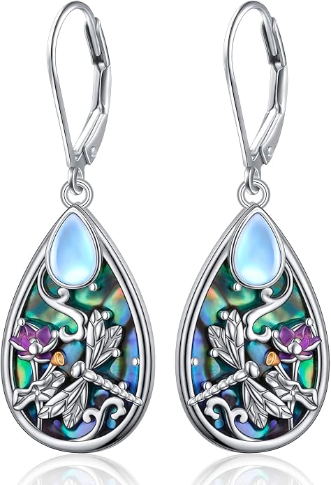Alphm Dragonfly Filigree Earrings S925 Silver Teardrop Moonstone Abalone | S925 Sterling Silver Dragonfly Filigree Drop Dangle Earrings Leverback Birthday Jewelry Gift for Women Mom Wife