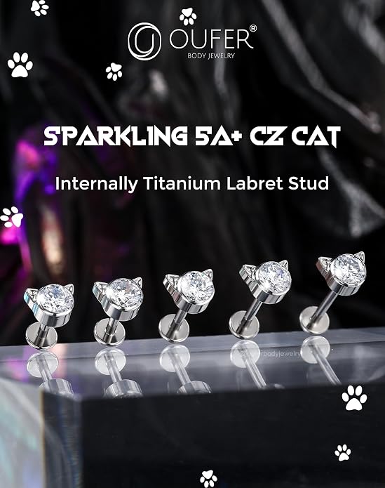 OUFER Cute Kitten Helix Piercing, Silver 16G Helix Earrings Flat Back Internally Threaded Helix Cartilage Piercing Jewelry for Women Men-8MM-6MM