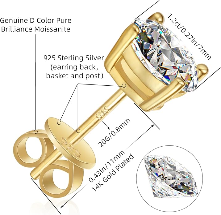 Moissanite Stud Earrings GRA 925 Sterling Silver Earrings for Men 18K White Gold Plating Earrings for Women,wedding earrings(0.3Ct-4Ct)