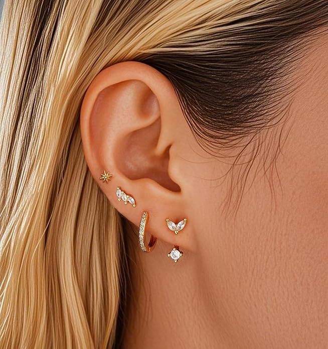 6 Pairs 14K Gold Plated Stud Earrings for Women, Hypoallergenic Cartilage Earrings for Multiple Piercing, Dainty Small Stackable Earrings Set for Jewelry Gift