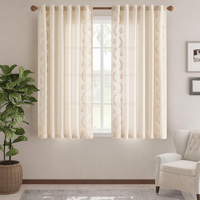 jinchan Floral Linen Curtains 72 Inch Farmhouse Back Tab 2 Panels Beige | Embroidered curtains,boho curtains,living room,bedroom,light filtering,privacy,flower patterned drapes,window treatment