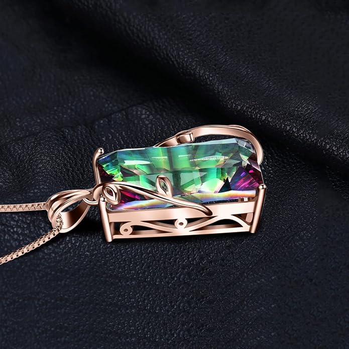 JewelryPalace Multicolor Luxurious 15.2ct Rectangle Genuine Mystic Quartz Pendant Necklaces for Women, 14K White Yellow Rose Plated Gold 925 Sterling Silver Natural Gemstones, 18 Inches Chain
