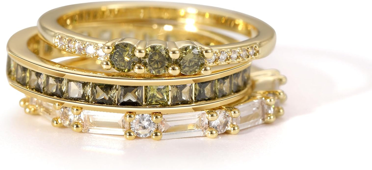 Peridot Stackable Rings for Women 18K Gold Plated Eternity Ring Set Fashion Green Jewelry Size 4-12