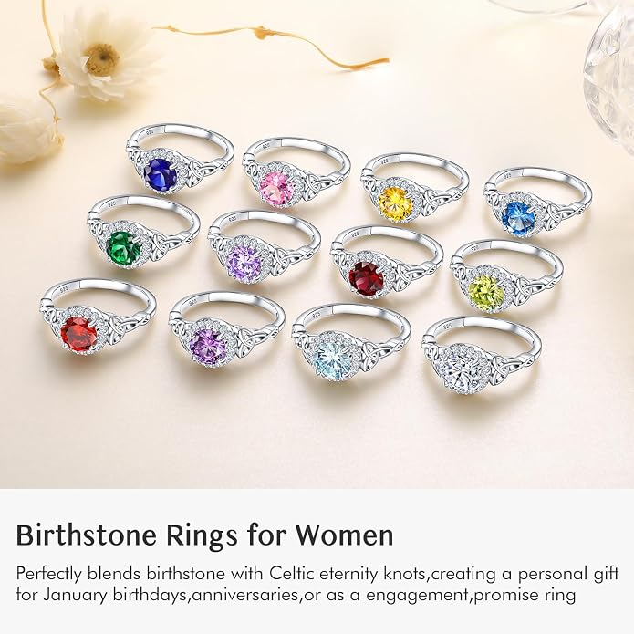 DAYBYDAY Celtic Birthstone Rings for Women 925 Sterling Silver Heart/Round/Pear/Oval Created Gemstone Moissanite Halo Engagement Promise Rings for Her Wife Birthday Anniversary Wedding Jewelry