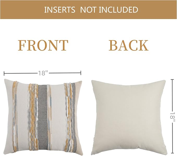 Boho Pillow Covers 18x18 Set of 2 for Couch-Modern Farmhouse Sofa Decorative Throw Pillow Covers Textured Chenille Cushion Covers Outdoor Netural Bohemian Pillow Cases Square